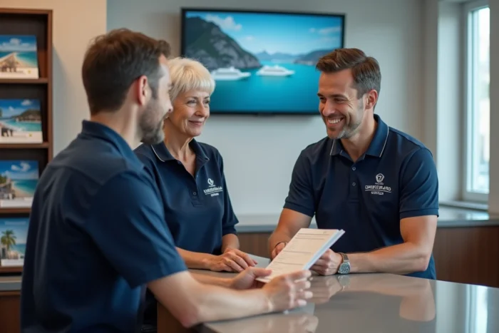 Agent de voyage expliquant les conditions d'annulation MSC à un couple dans une agence de voyage