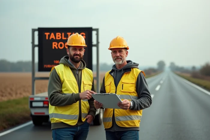 Deux agents de signalisation examinant un plan de sécurité devant un panneau à message variable sur un chantier de route nationale