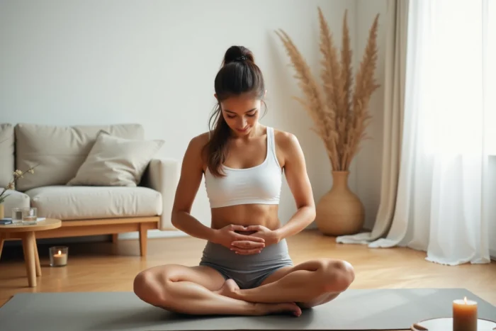 Femme pratiquant un auto-massage lymphatique du ventre sur un tapis de yoga à domicile