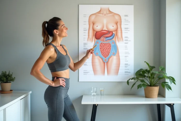 Coach en bien-être expliquant le système lymphatique abdominal devant un schéma anatomique