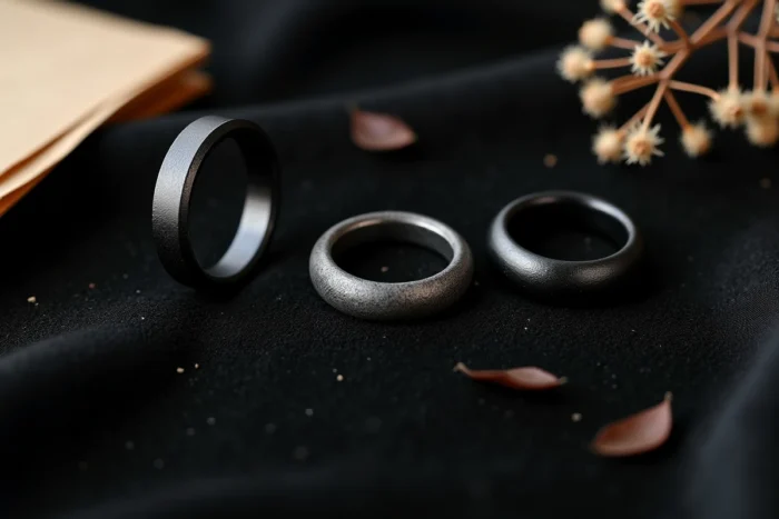 Plat posé de trois bagues noires pour femme en argent oxydé, céramique et onyx noir sur velours avec fleurs séchées