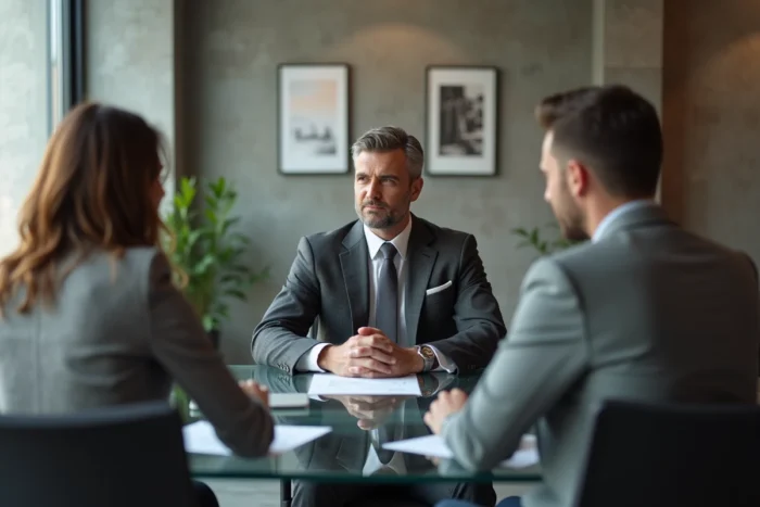 Conseiller immobilier de luxe en costume anthracite présentant un projet à des clients dans une agence moderne au design contemporain