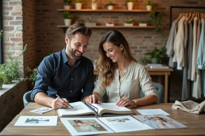 Couple choisissant des services personnalisés pour leur mariage dans une boutique de wedding planning