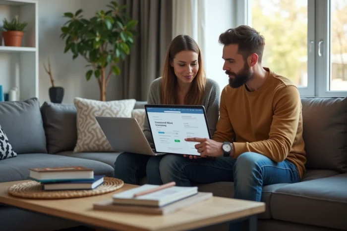 Couple consultant ensemble un espace client sur ordinateur portable pour suivre l'avancement de leurs demandes de travaux