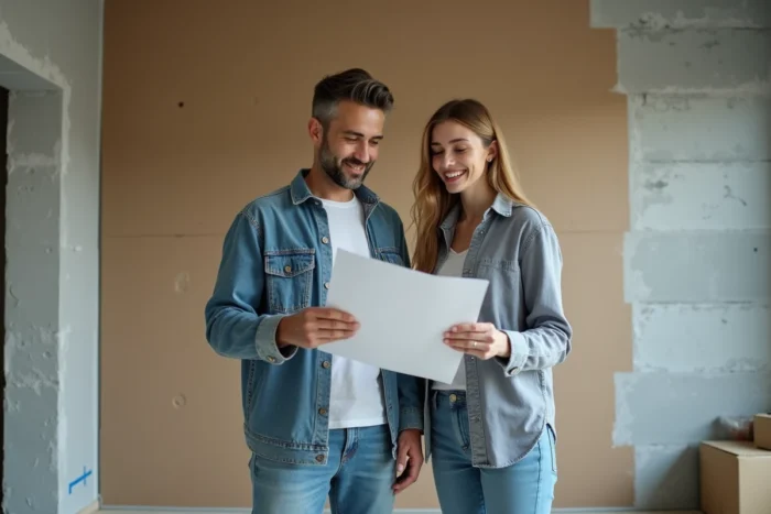 Couple examinant des plans de rénovation dans un salon en cours d'isolation intérieure avec plaques de plâtre isolantes