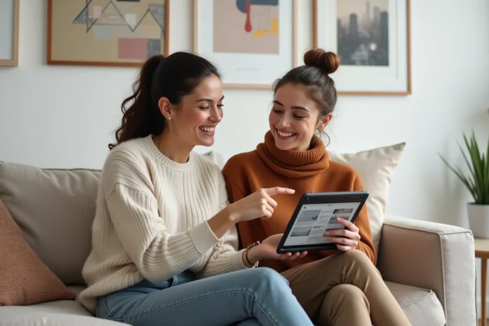Deux femmes discutant des dernières nouveautés d'un blog VIP tendance sur une tablette dans un studio éditorial moderne