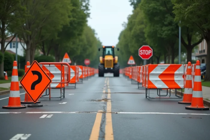 Dispositif de signalisation temporaire avec panneaux et balises de chantier sur une route de banlieue avec travaux d'excavation en arrière-plan