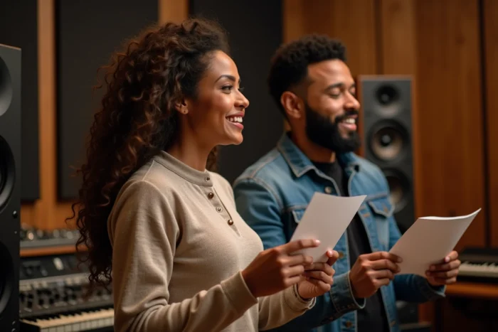 Deux membres du groupe Double Portion en session de répétition dans un studio d'enregistrement professionnel, collaborant sur des paroles de chanson gospel