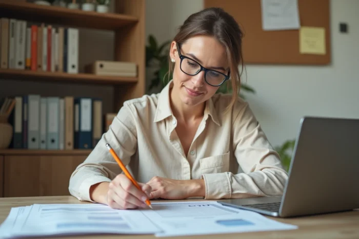 Femme annotant un devis de rénovation énergétique à son bureau avec un ordinateur affichant les aides gouvernementales