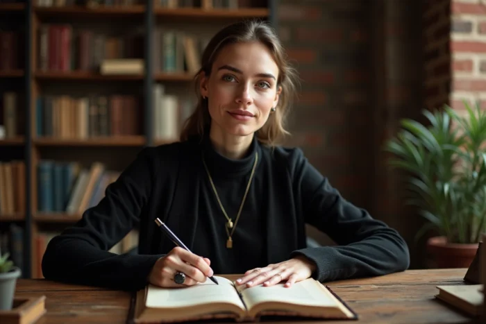 Jeune femme portant une bague noire en chevalière assise à un bureau en bois vintage avec journal en cuir