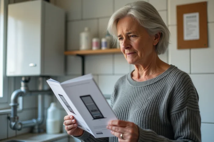 Femme comparant des brochures sur une pompe à chaleur et une chaudière à gaz dans une buanderie domestique avec factures d'énergie visibles