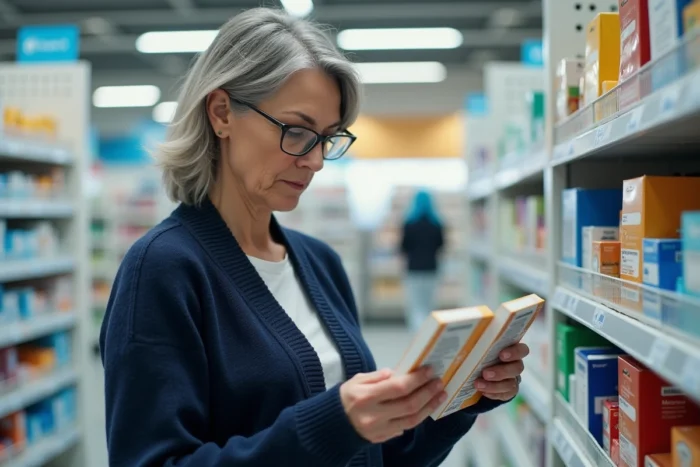 Femme en pharmacie comparant attentivement les étiquettes de compléments alimentaires avant achat