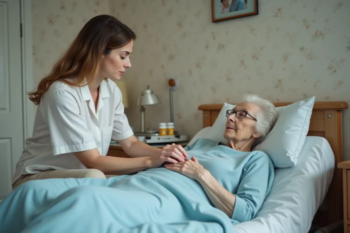 Une fille tient la main de sa mère âgée alitée dans une chambre à domicile, illustrant l'accompagnement émotionnel et physique des proches aidants face à la dépendance parentale