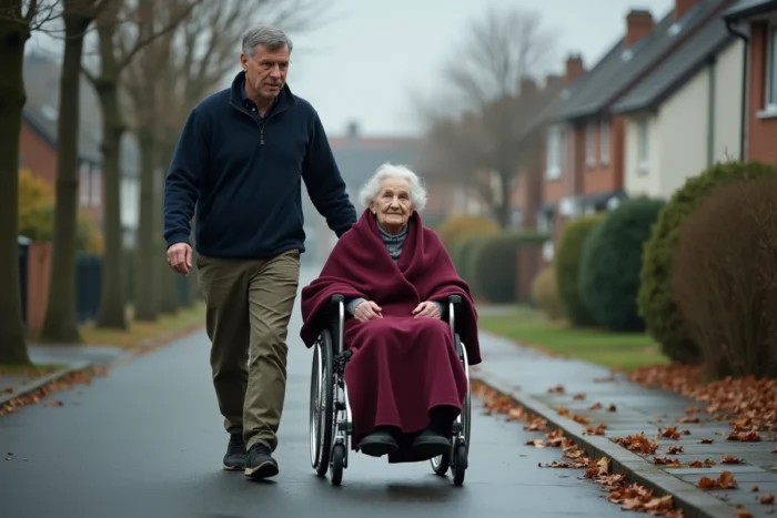 Un homme d'âge mûr pousse sa mère âgée en fauteuil roulant dans une rue résidentielle en automne, représentant les défis quotidiens de l'accompagnement d'un parent dépendant