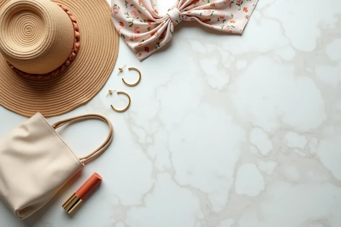 Flat lay de tendances mode avec chapeau en paille, boucles d'oreilles dorées, tote bag et foulard en soie sur marbre blanc