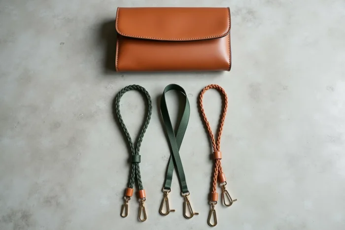 Flat lay de trois bandoulières amovibles différentes avec leurs accessoires de fixation sur béton gris