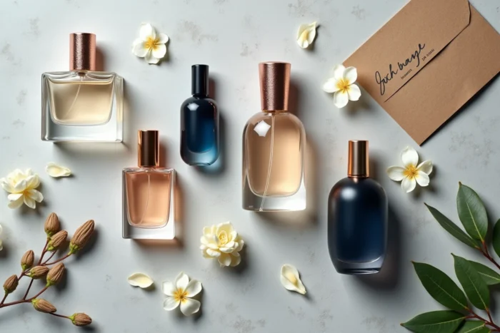 Flat lay de cinq flacons de parfum de marques différentes sur béton gris avec pétales de jasmin et notes manuscrites