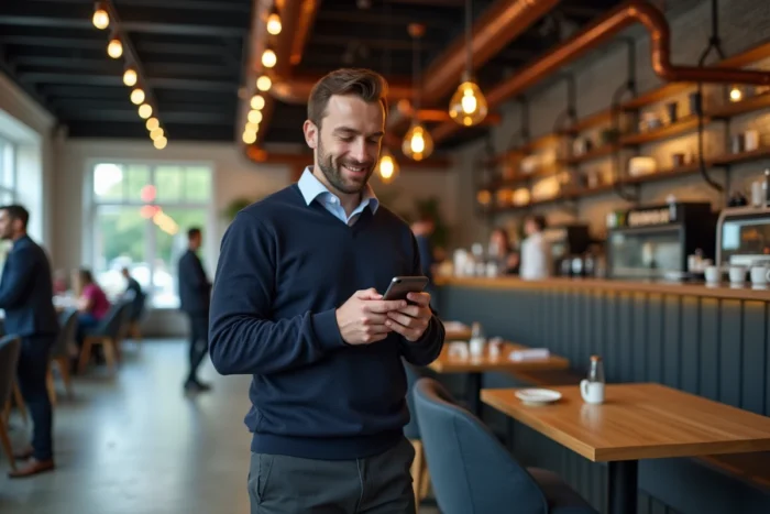Homme lisant les nouveautés d'un blog VIP sur son smartphone dans un café urbain tendance