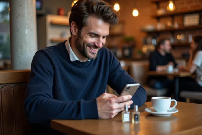 Homme comparant des alternatives de parfums sur smartphone dans un café urbain avec des échantillons de parfum sur la table