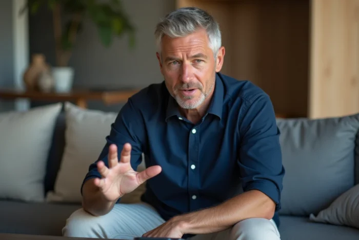 Homme configurant un assistant vocal sur une enceinte connectée dans son salon