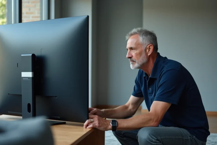 Homme lisant l'étiquette au dos de sa Smart TV pour trouver le code de connexion