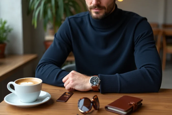 Homme élégant dans un café moderne ajustant sa montre en acier avec des accessoires de mode tendance sur la table