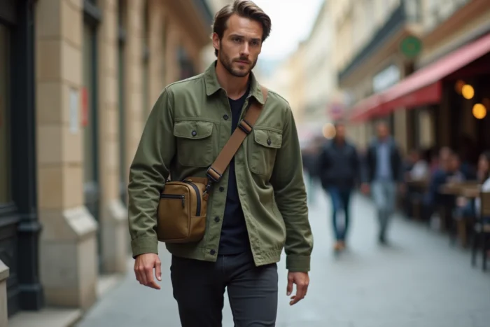 Homme portant un sac messager avec bandoulière amovible en bandoulière dans une rue urbaine