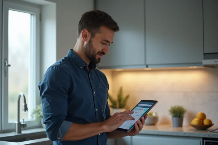 Homme utilisant une tablette dans sa cuisine pour gérer ses demandes de travaux via un espace client numérique