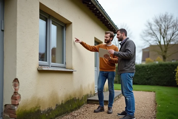 Couple examinant la façade extérieure d'une maison avant travaux d'isolation thermique par l'extérieur