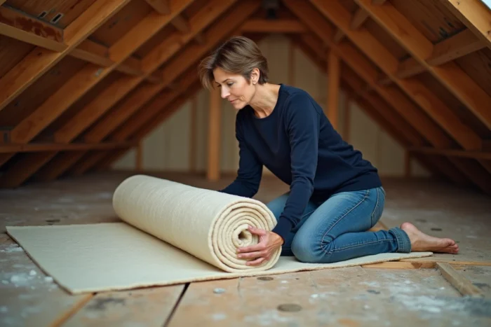 Femme posant de la laine minérale dans les combles d'une maison lors de travaux d'isolation thermique par l'intérieur