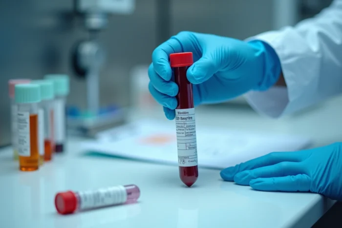 Technicien de laboratoire manipulant un échantillon sanguin pour un test de bilirubine lié au diagnostic de la maladie de Gilbert