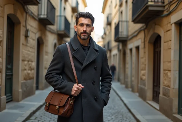 Homme en manteau gris dans une rue pavée d'une ville française, évoquant les origines et l'environnement culturel de Matthieu Hocque
