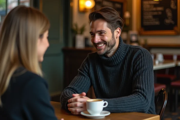 Homme souriant dans un café parisien lors d'une conversation animée, reflétant la vie sociale et les influences clés de Matthieu Hocque