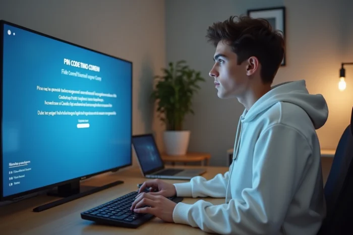 Jeune personne naviguant dans le menu Smart TV pour retrouver le code de connexion à l'écran