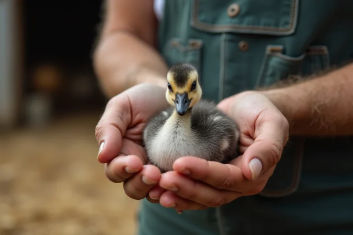 Mains d'un agriculteur tenant délicatement un oison d'un mois, plumes juvéniles visibles, contexte de ferme traditionnelle