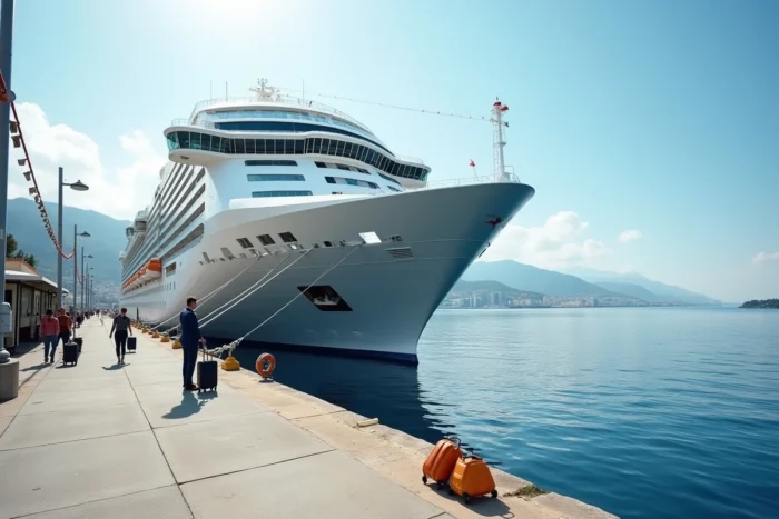 Paquebot MSC amarré dans un port méditerranéen avec des passagers sur le quai