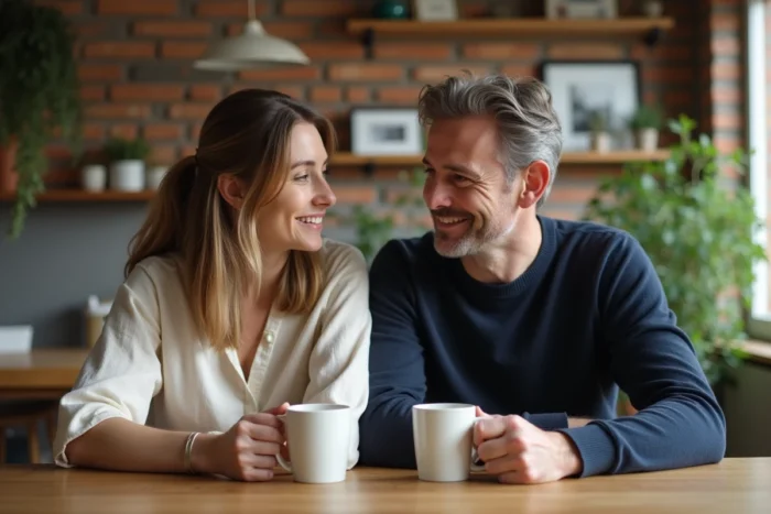 Couple de parents prenant un moment de pause autour d'un café, échangeant des conseils parentaux dans un cadre domestique apaisé