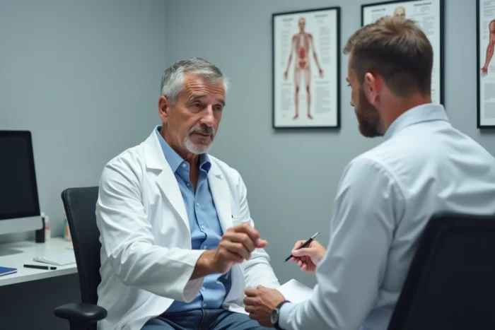 Patient discutant des effets indésirables d'un complément alimentaire avec son médecin lors d'une consultation