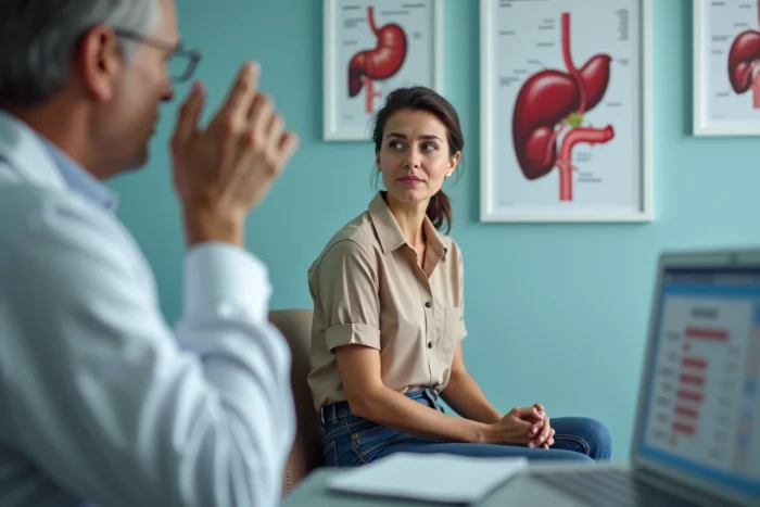 Patiente en consultation médicale discutant de la maladie de Gilbert et de ses liens avec le risque de cancer