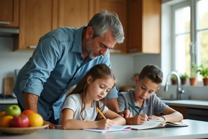 Père aidant sa fille avec ses devoirs à la table de cuisine, scène familiale du quotidien bienveillante