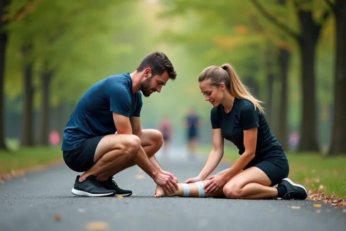 Coureur blessé au genou sur un sentier de running aidé par un autre coureur appliquant un bandage de premiers secours