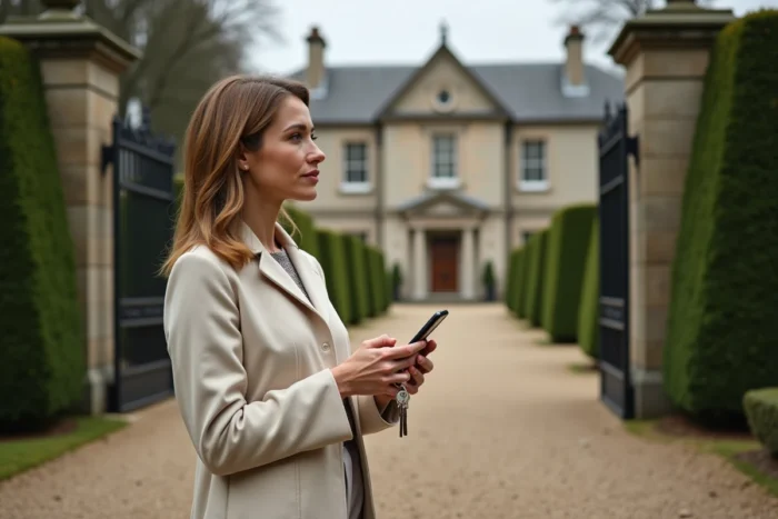 Professionnelle de l'immobilier de luxe devant un manoir en pierre avec grille en fer forgé et allée gravillonnée
