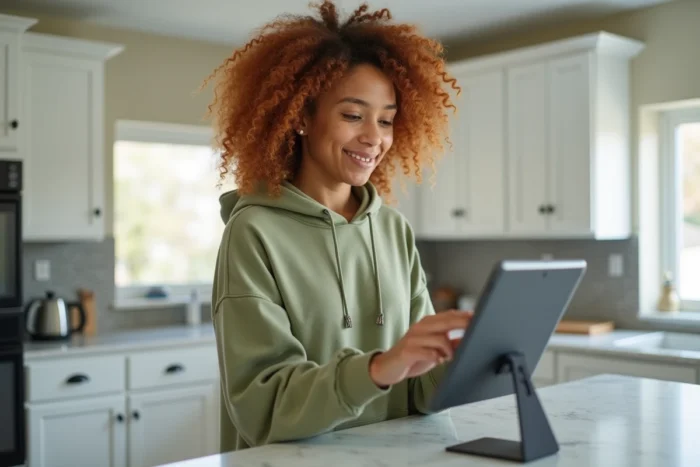 Personne réactivant les paramètres de recherche vocale sur une tablette dans une cuisine moderne