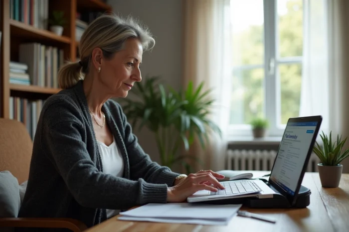 Femme scannant des documents CSP depuis son bureau à domicile pour les envoyer à Pôle emploi en ligne