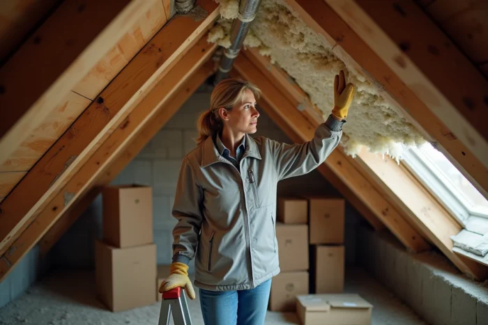 Femme vérifiant l'état de l'isolation dans les combles avant rénovation thermique